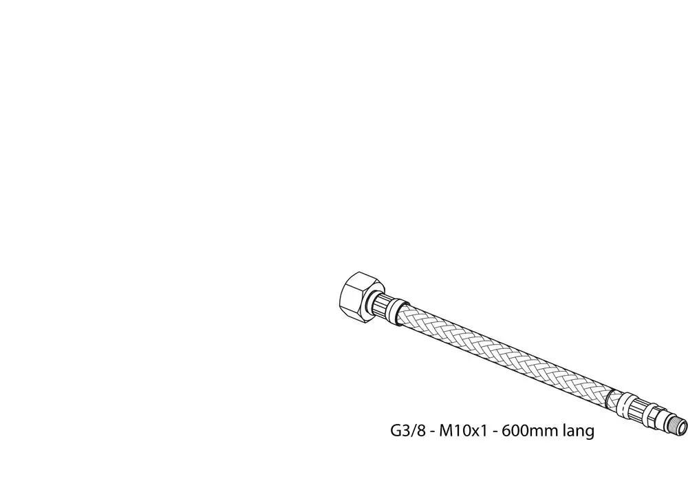 Druckschlauch mit gewobener Umwicklung und verschiedenen Anschlussgrößen, dargestellt in einer technischen Zeichnung von Ideal Standard.